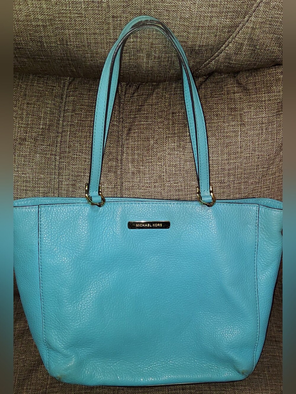 Michael Kors Turquoise Pebbled Leather Tote with Gold Accents